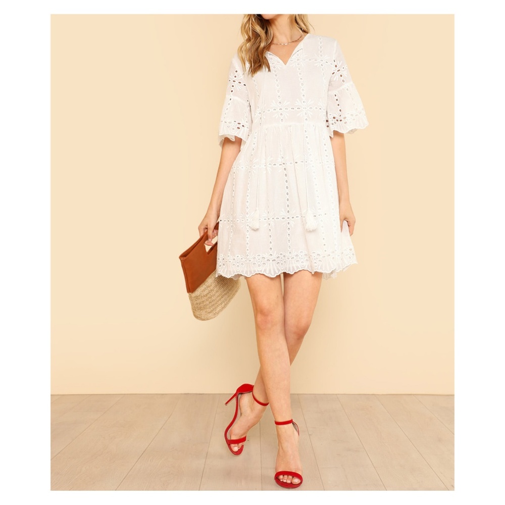 White Short Sleeve Eyelet Tassel Dress - Picture 5 of 5